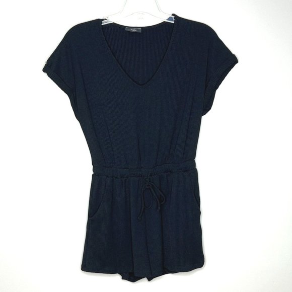 Vici Romper Womens Medium Black Ribbed Knit One Piece Shorts Comfy Minimalist - Picture 2 of 6